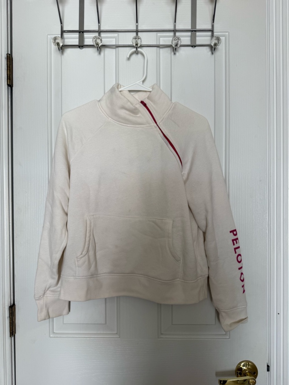 Peloton Cream Quarter-Zip Pullover with Red Zip Detail
